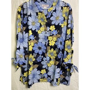 Allison Daley Shirt Women XL Floral Button-Up 3/4 Sleeve Blue Top Casual